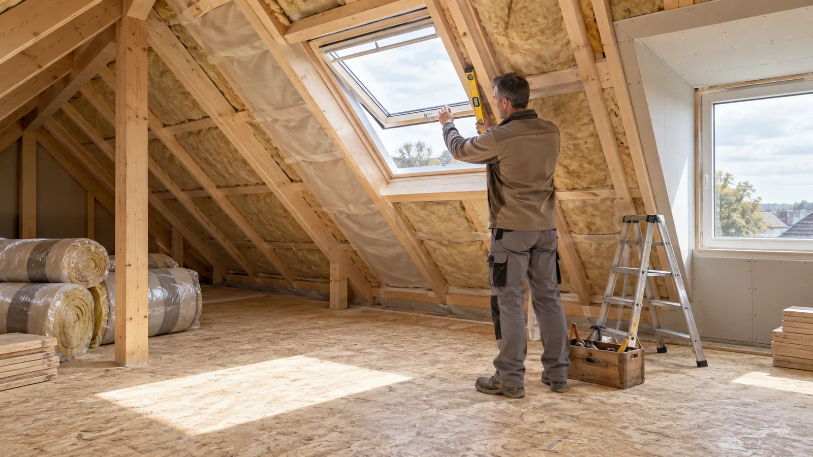 Couvreur vérifiant un velux dans des combles en cours d'aménagement