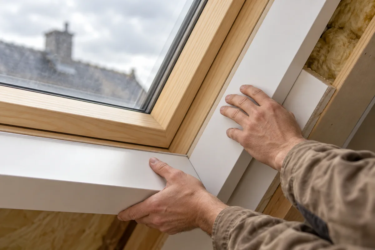 Mains posant un panneau de finition blanc dans l'angle d'un velux