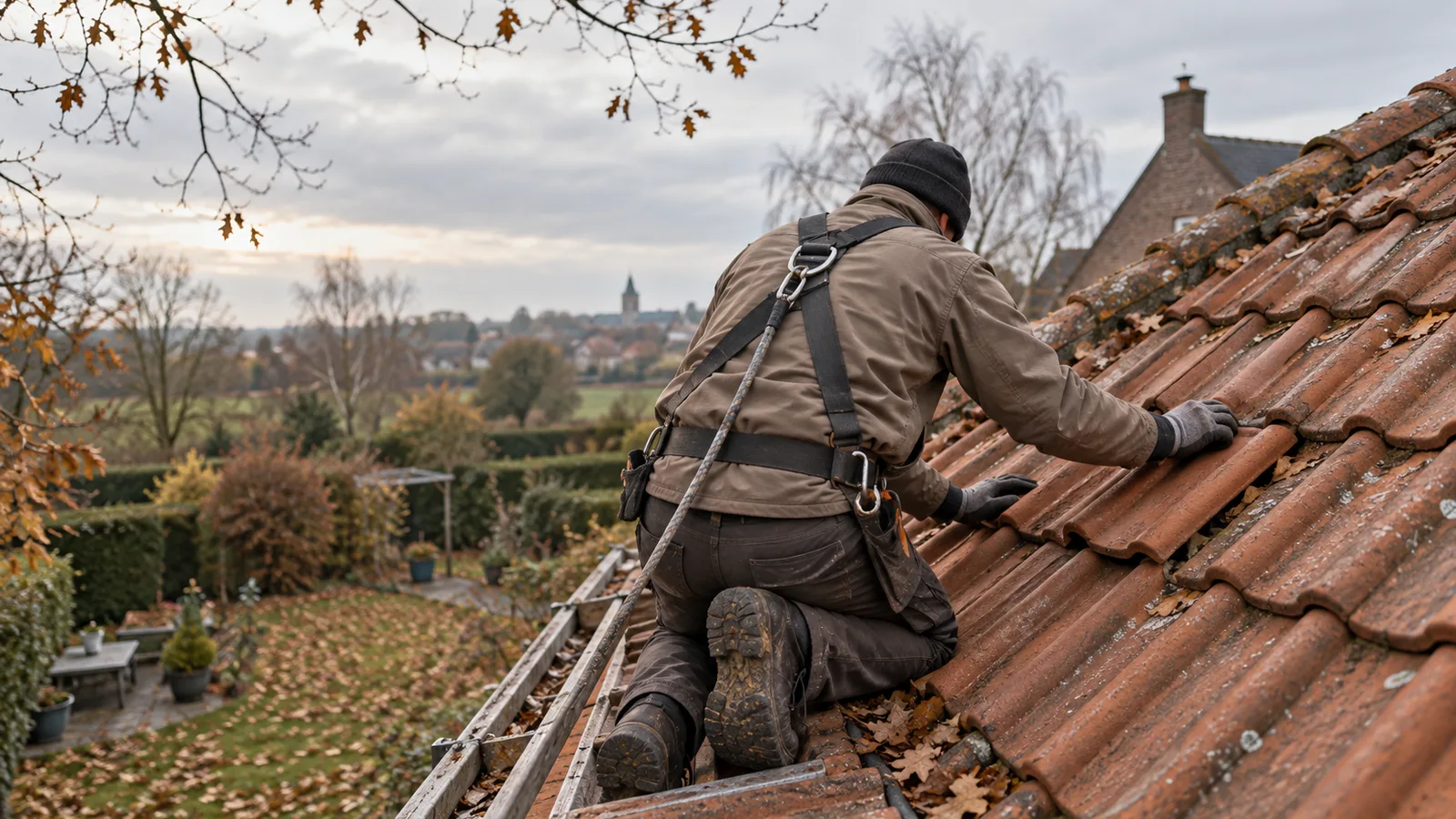 Couvreur harnaché replaçant une tuile sur une toiture