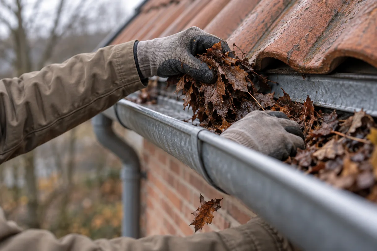 Mains gantées retirant des feuilles mortes d'une gouttière en zinc