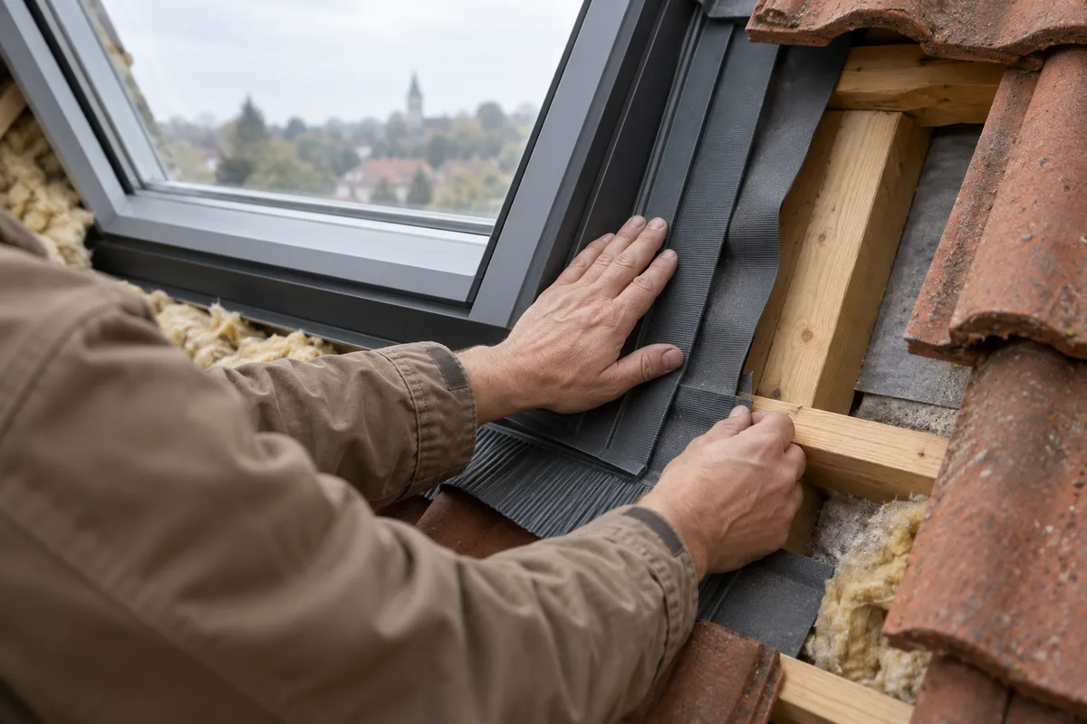 Mains emboîtant un raccord d'étanchéité sur une fenêtre de toit