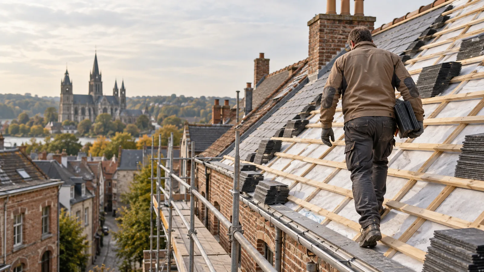 Toiture en rénovation avec sous-toiture et liteaux neufs