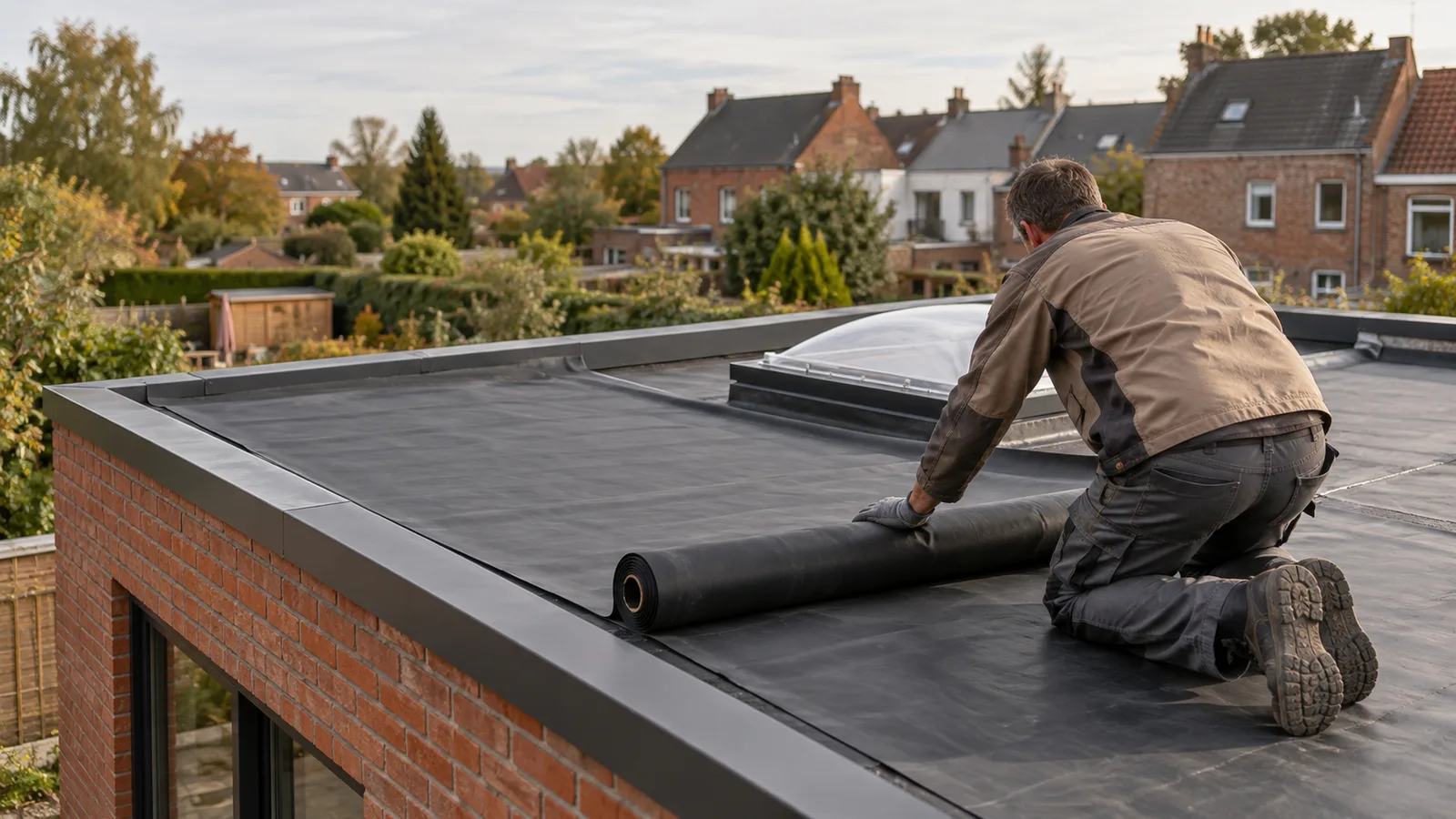 Pose d'une membrane EPDM sur la toiture plate d'une extension