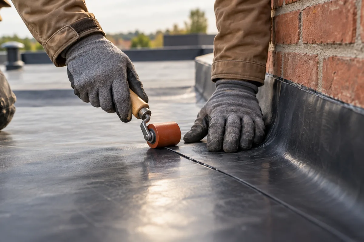 Rouleau presseur sur un joint de membrane EPDM